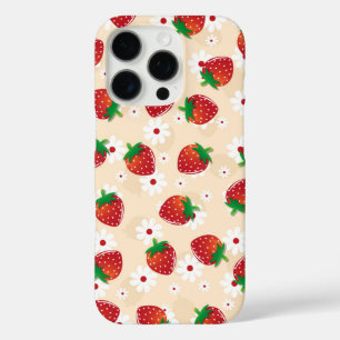 Pattern featuring strawberries and white flowers iPhone 16 pro case