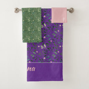 Pattern green leaf name light purple bath towel