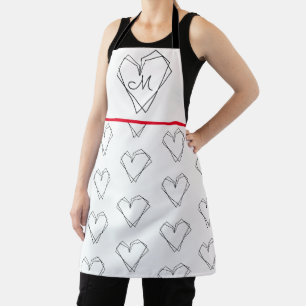 Pattern Heart Line Art Black White Apron