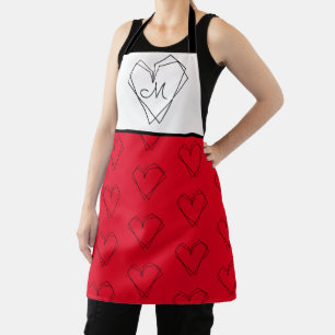 Pattern Heart Line Art Black White Red Apron