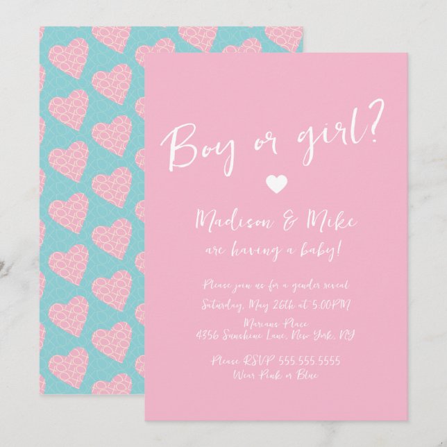  Pattern Heart Valentines Day Gender Reveal Blue Invitation (Front/Back)