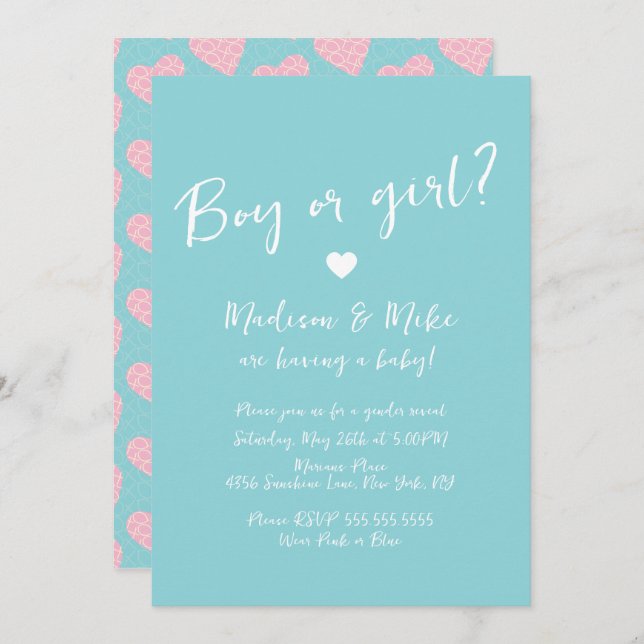  Pattern Heart Valentines Day Pink Gender Reveal Invitation (Front/Back)