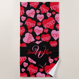 Pattern Hearts XOXO Love Red Pink Black Monogram Beach Towel