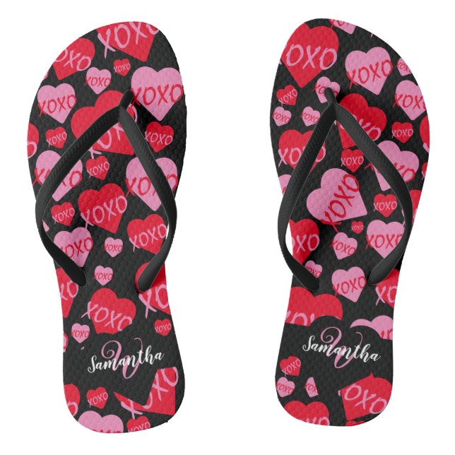 Pattern Hearts XOXO Love Red Pink Black Monogram Jandals (Footbed)