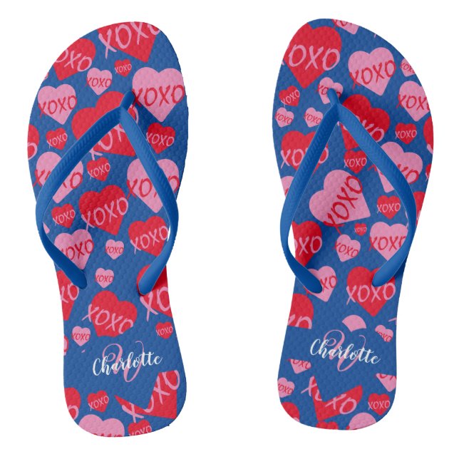 Pattern Hearts XOXO Love Red Pink Blue Monogram  Jandals (Footbed)