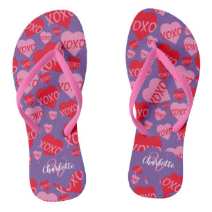Pattern Hearts XOXO Love Red Pink Purple Monogram Jandals