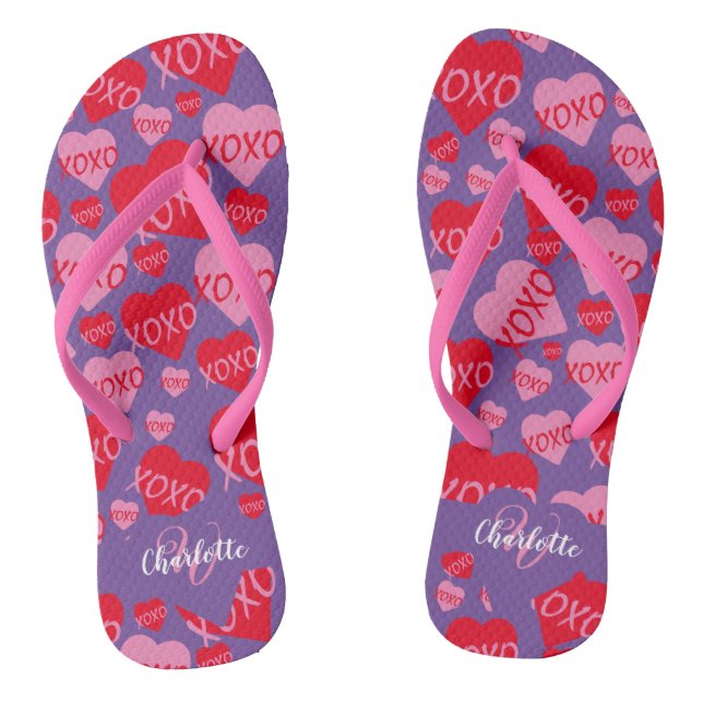 Pattern Hearts XOXO Love Red Pink Purple Monogram Jandals (Footbed)