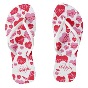 Pattern Hearts XOXO Love Red Pink White Monogram Jandals