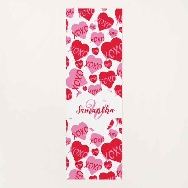 Pattern Hearts XOXO Love Red Pink White Monogram  Yoga Mat (Front)