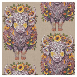 Pattern highland cow sunflower yellow flowers fabric