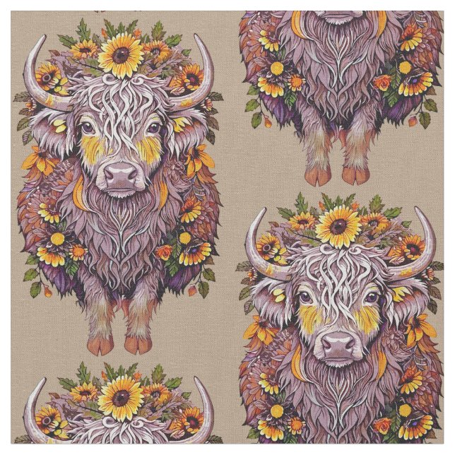 Pattern highland cow sunflower yellow flowers fabric (Close Up)