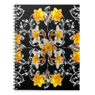 Pattern in baroque style with flowers narcissus on notebook