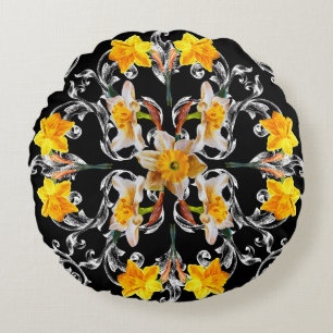 Pattern in baroque style with flowers narcissus on round cushion