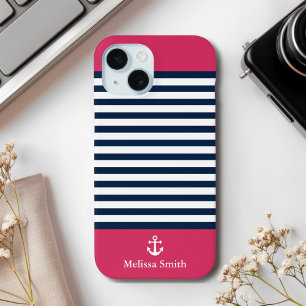 Pattern Navy blue and white bands Red background iPhone 15 Case
