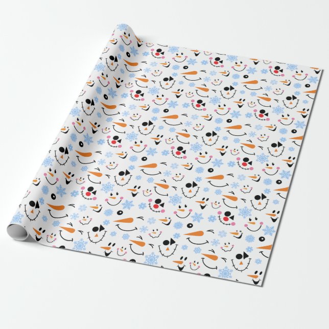 Pattern Of Сute Snowmen Faces, Blue Snowflakes Wrapping Paper (Unrolled)