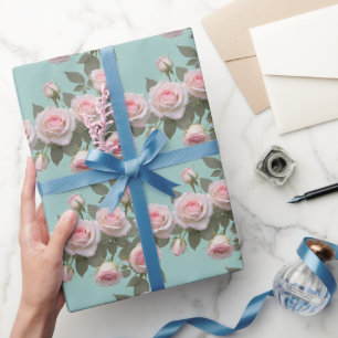 Pattern Of Baby Pink Roses With Sage Green Leaves Wrapping Paper
