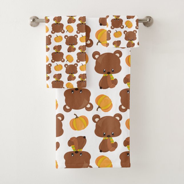 Pattern Of Bears, Cute Bears, Fall, Pumpkins Bath Towel Set (Insitu)