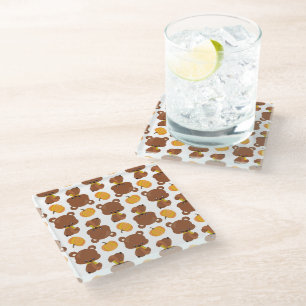 Pattern Of Bears, Cute Bears, Fall, Pumpkins Glass Coaster