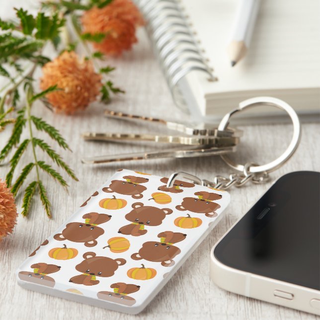 Pattern Of Bears, Cute Bears, Fall, Pumpkins Key Ring (Front Right)