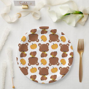 Pattern Of Bears, Cute Bears, Fall, Pumpkins Paper Plate