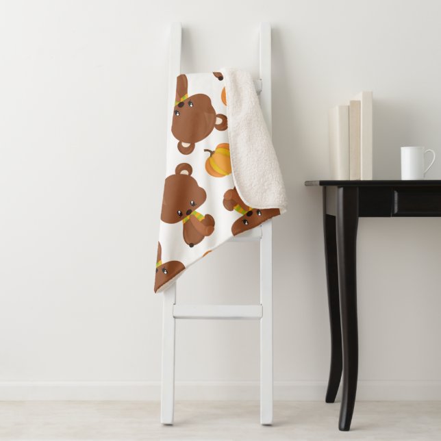 Pattern Of Bears, Cute Bears, Fall, Pumpkins Sherpa Blanket (In Situ)
