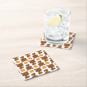 Pattern Of Bears, Cute Bears, Fall, Pumpkins Square Paper Coaster