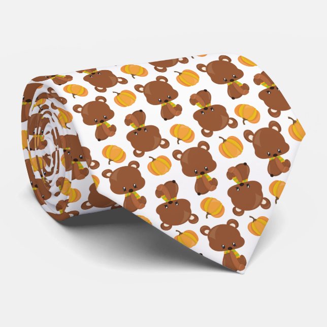 Pattern Of Bears, Cute Bears, Fall, Pumpkins Tie (Rolled)