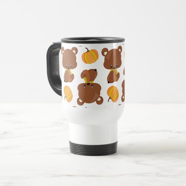 Pattern Of Bears, Cute Bears, Fall, Pumpkins Travel Mug (Front Left)