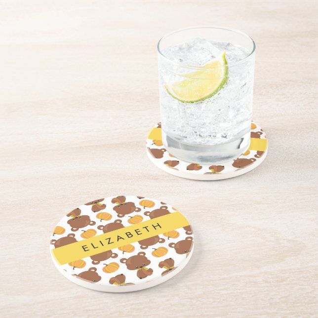 Pattern Of Bears, Cute Bears, Pumpkin, Your Name Coaster (Side)