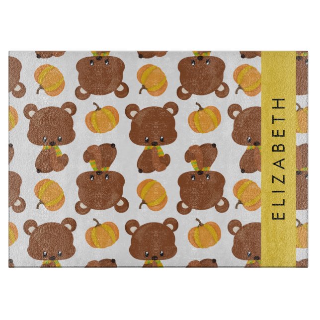 Pattern Of Bears, Cute Bears, Pumpkin, Your Name Cutting Board (Front)