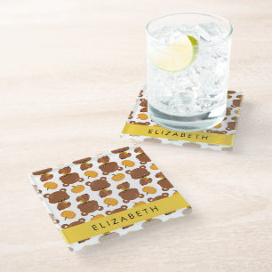 Pattern Of Bears, Cute Bears, Pumpkin, Your Name Glass Coaster