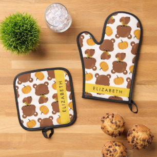 Pattern Of Bears, Cute Bears, Pumpkin, Your Name Oven Mitt & Pot Holder Set