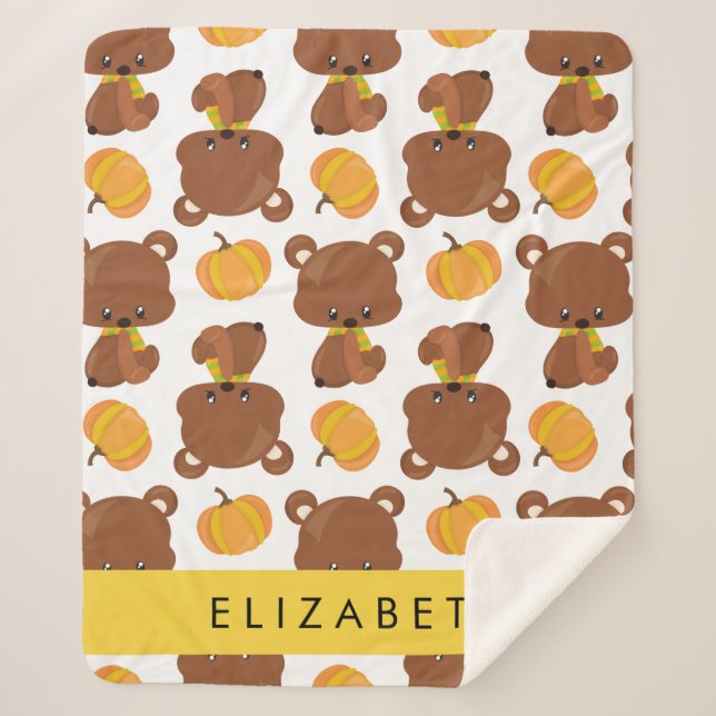 Pattern Of Bears, Cute Bears, Pumpkin, Your Name Sherpa Blanket (Front)