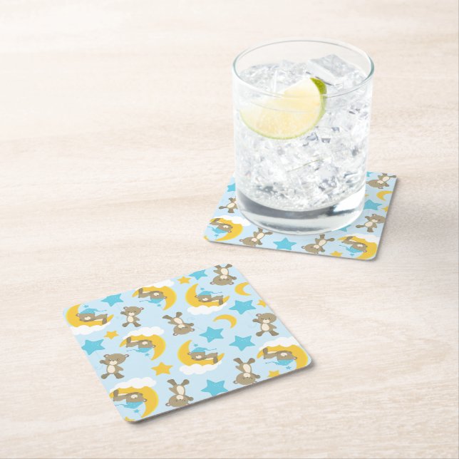 Pattern Of Bears, Cute Bears, Teddy Bears, Stars Square Paper Coaster (Insitu)
