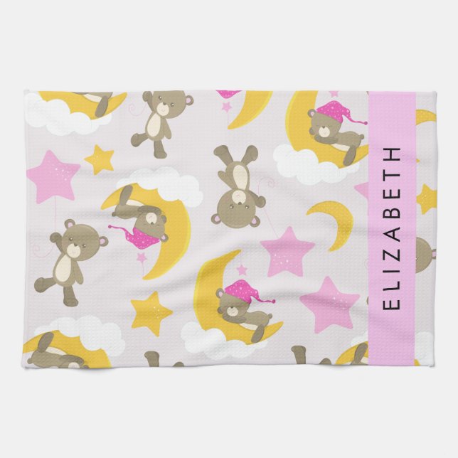 Pattern Of Bears, Teddy Bears, Stars, Your Name Tea Towel (Horizontal)