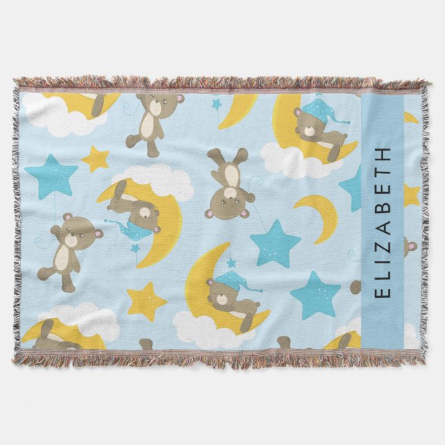 Pattern Of Bears, Teddy Bears, Stars, Your Name Throw Blanket (Front)