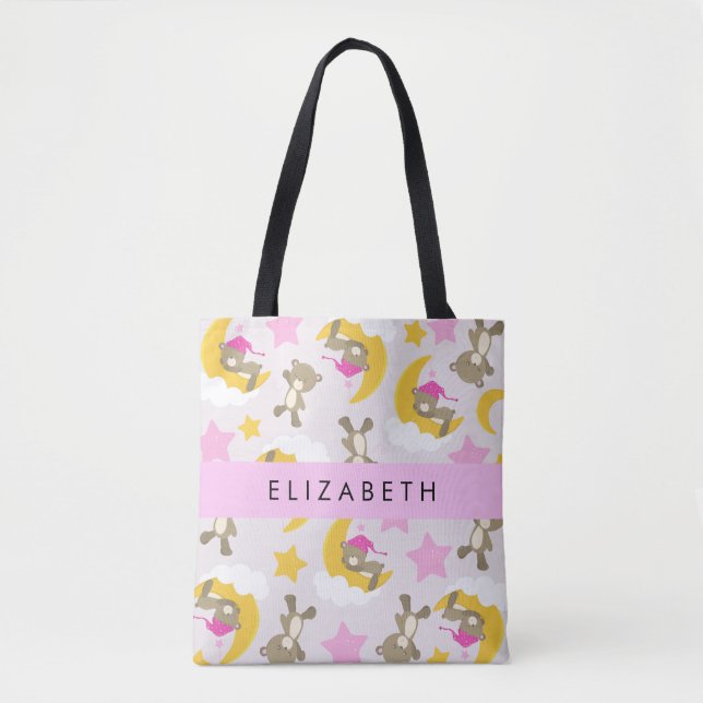 Pattern Of Bears, Teddy Bears, Stars, Your Name Tote Bag (Front)
