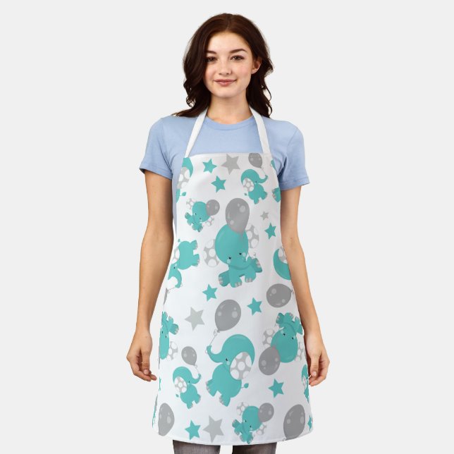 Pattern Of Blue Elephants, Cute Elephants, Stars Apron (Worn)