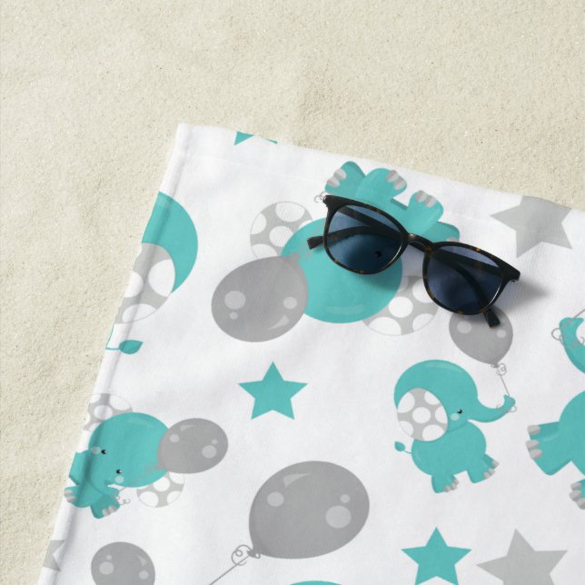 Pattern Of Blue Elephants, Cute Elephants, Stars Beach Towel (In Situ)