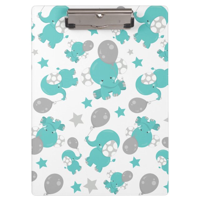 Pattern Of Blue Elephants, Cute Elephants, Stars Clipboard (Front)