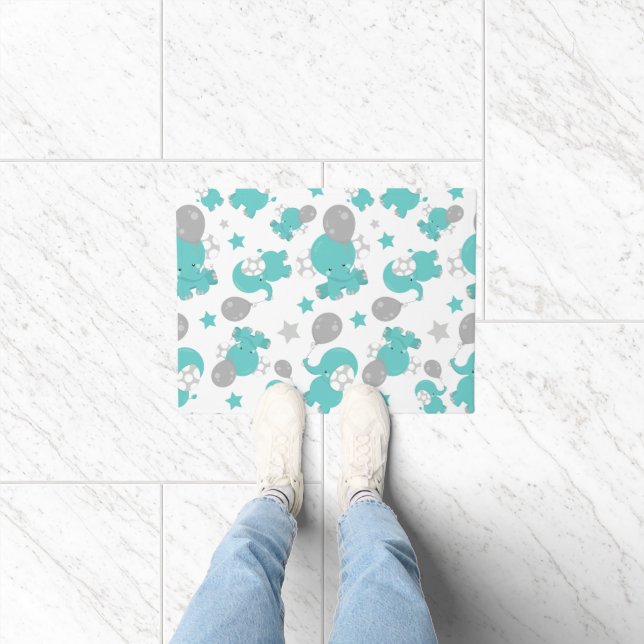 Pattern Of Blue Elephants, Cute Elephants, Stars Doormat (Indoor)