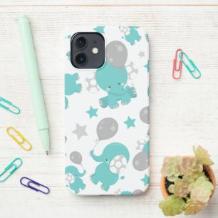 Pattern Of Blue Elephants, Cute Elephants, Stars iPhone 12 Case