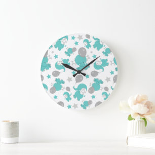 Pattern Of Blue Elephants, Cute Elephants, Stars Large Clock