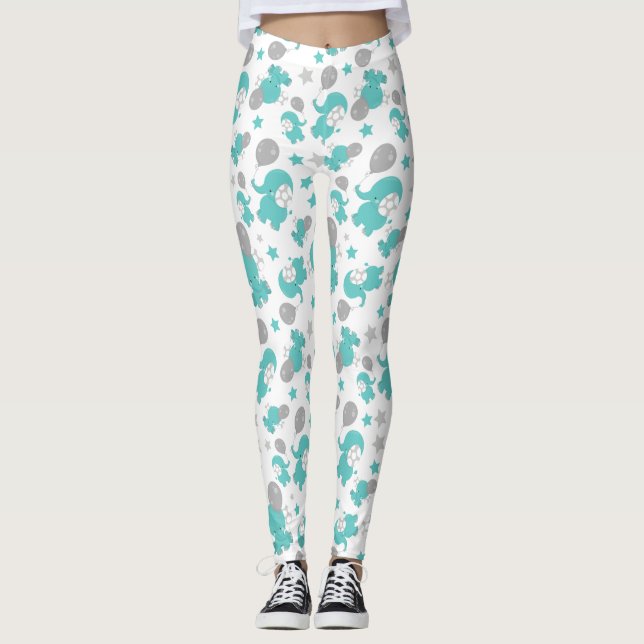 Pattern Of Blue Elephants, Cute Elephants, Stars Leggings (Front)