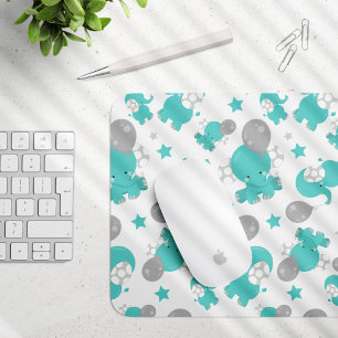 Pattern Of Blue Elephants, Cute Elephants, Stars Mouse Pad