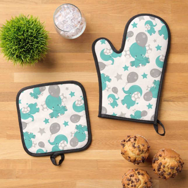 Pattern Of Blue Elephants, Cute Elephants, Stars Oven Mitt & Pot Holder Set (Top Down)