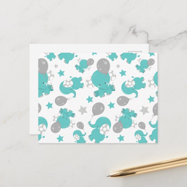 Pattern Of Blue Elephants, Cute Elephants, Stars Postcard (Front/Back In Situ)