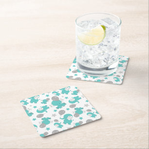 Pattern Of Blue Elephants, Cute Elephants, Stars Square Paper Coaster