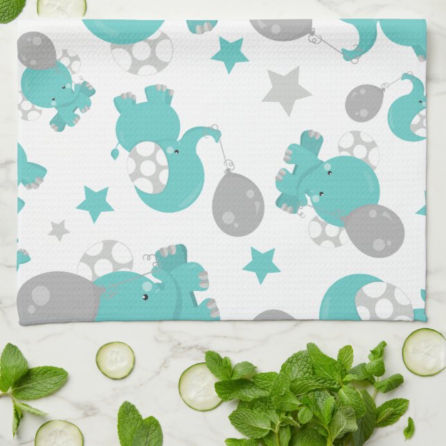 Pattern Of Blue Elephants, Cute Elephants, Stars Tea Towel (Folded)
