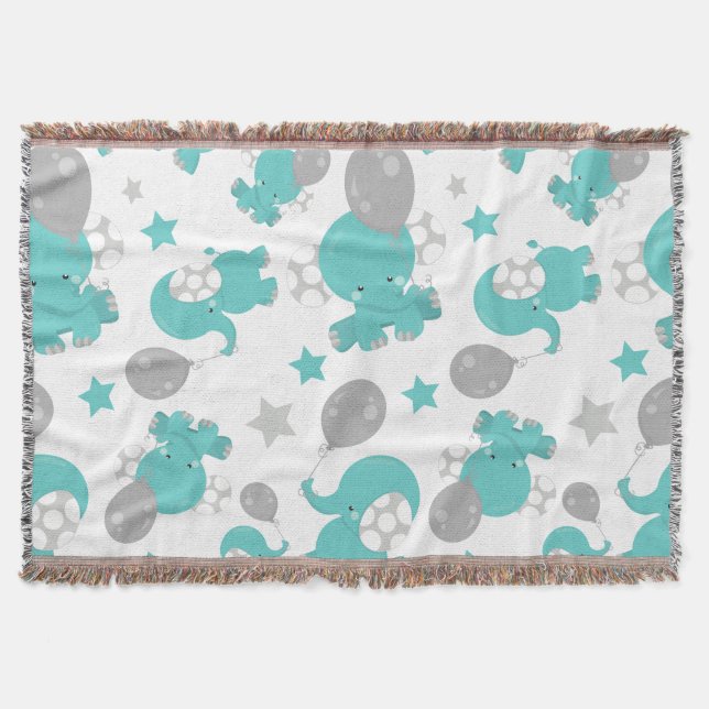 Pattern Of Blue Elephants, Cute Elephants, Stars Throw Blanket (Front)